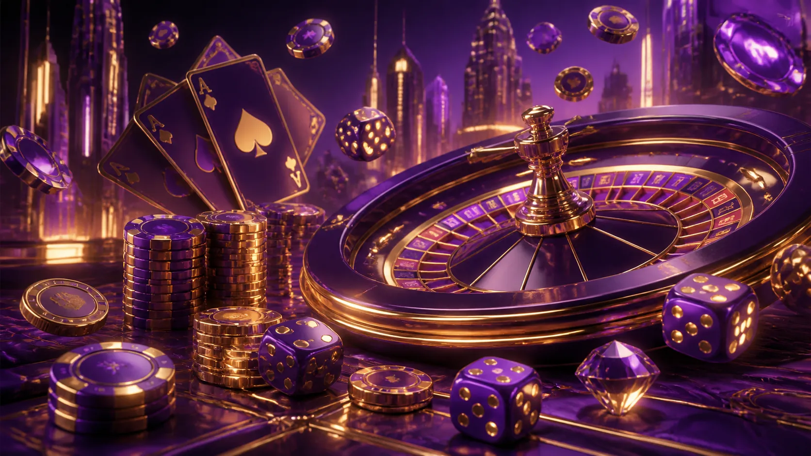 A luxurious casino-themed banner featuring glossy 3D poker chips, playing cards, and dice with a futuristic neon glow against